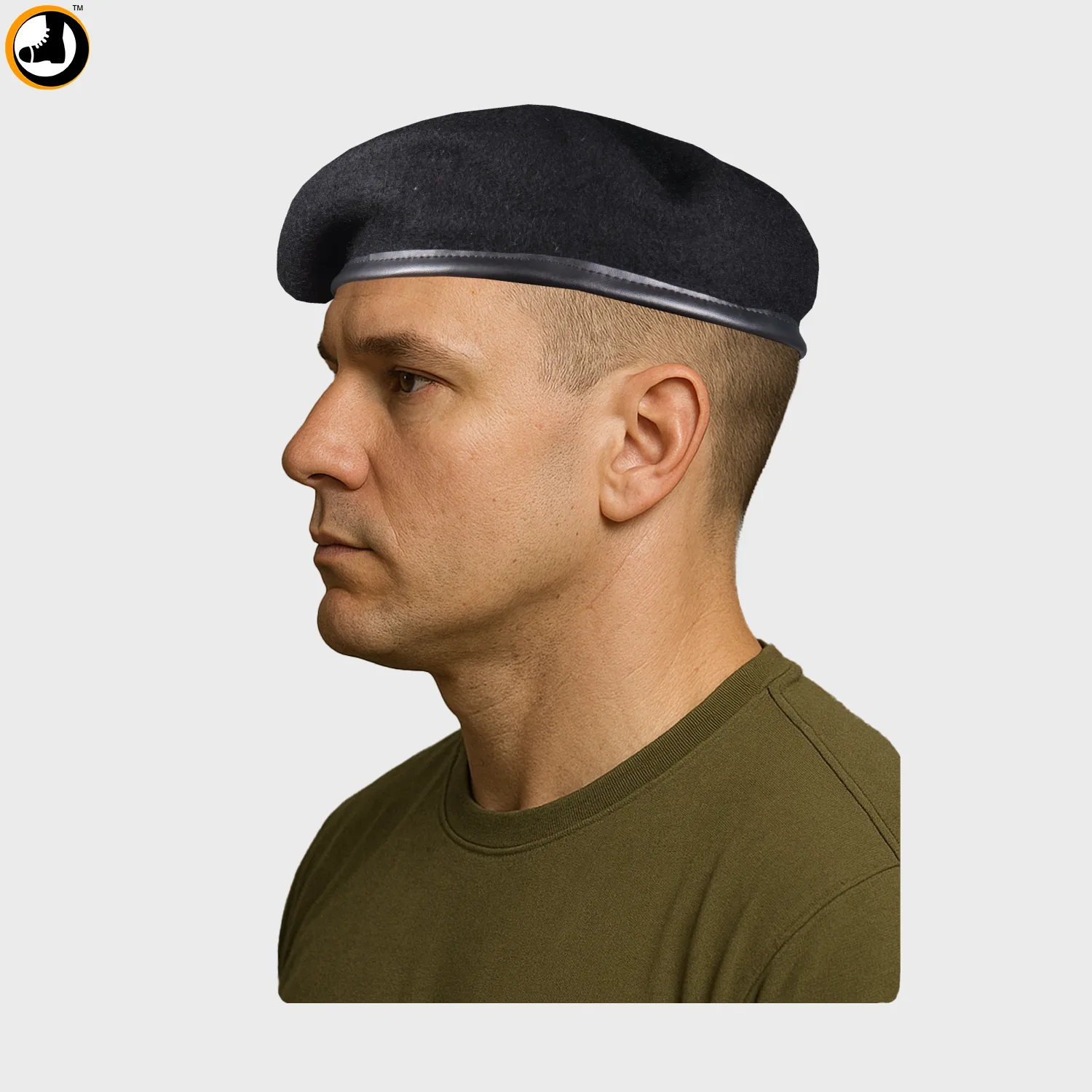 Black Beret Cap with Leather Strip - Image 3