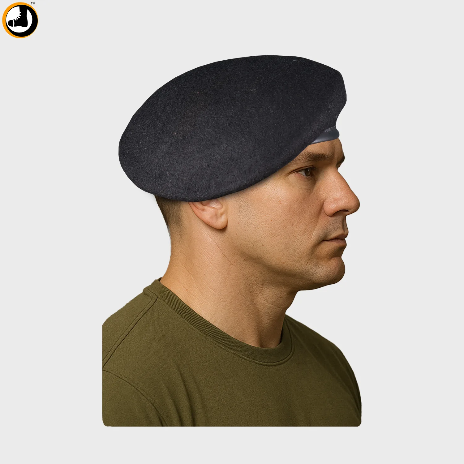 Black Beret Cap with Leather Strip - Image 2