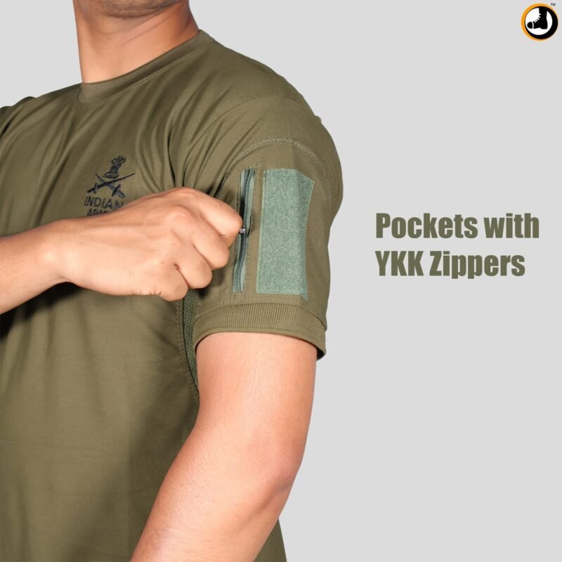 Olive Green T-Shirt with Indian Army Insignia & Velcro Sleeve Patches - Image 7