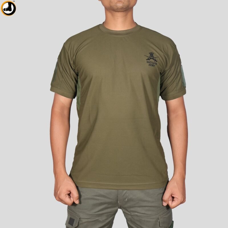 Olive Green T-Shirt with Indian Army Insignia & Velcro Sleeve Patches - Image 4
