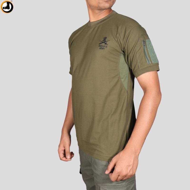 Olive Green T-Shirt with Indian Army Insignia & Velcro Sleeve Patches - Image 5