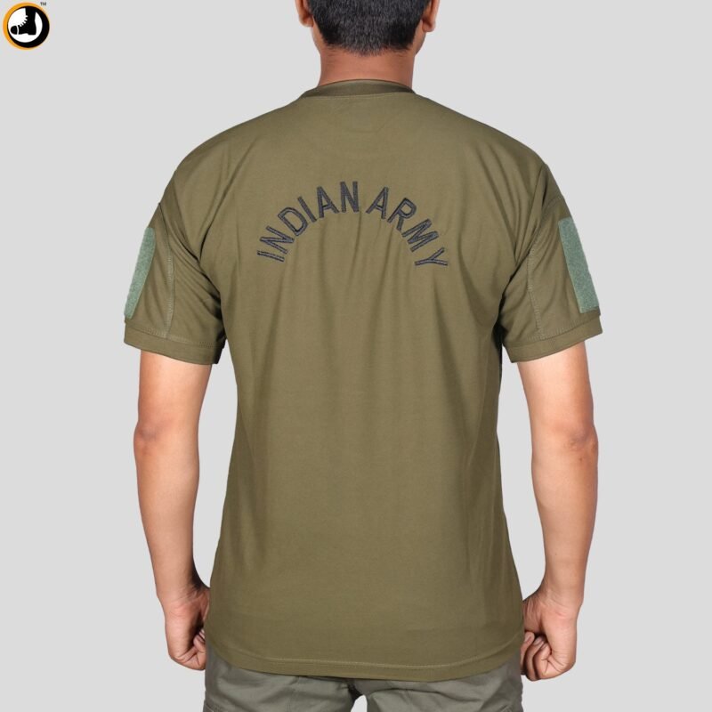 Olive Green T-Shirt with Indian Army Insignia & Velcro Sleeve Patches - Image 3