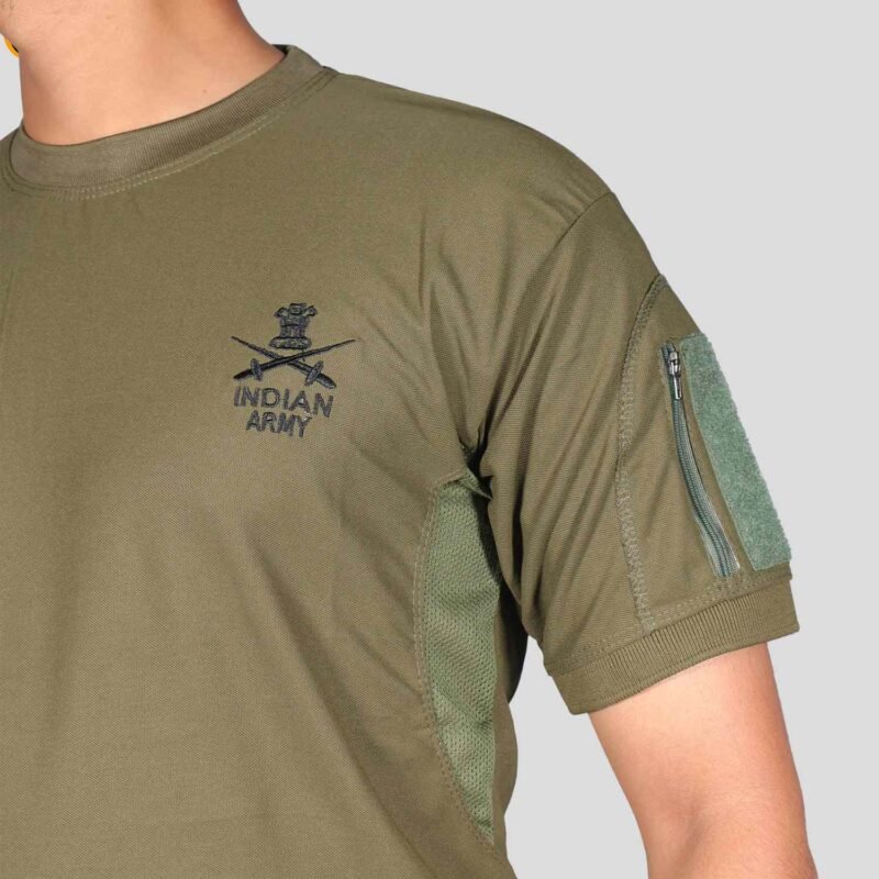 Olive Green T-Shirt with Indian Army Insignia & Velcro Sleeve Patches - Image 8
