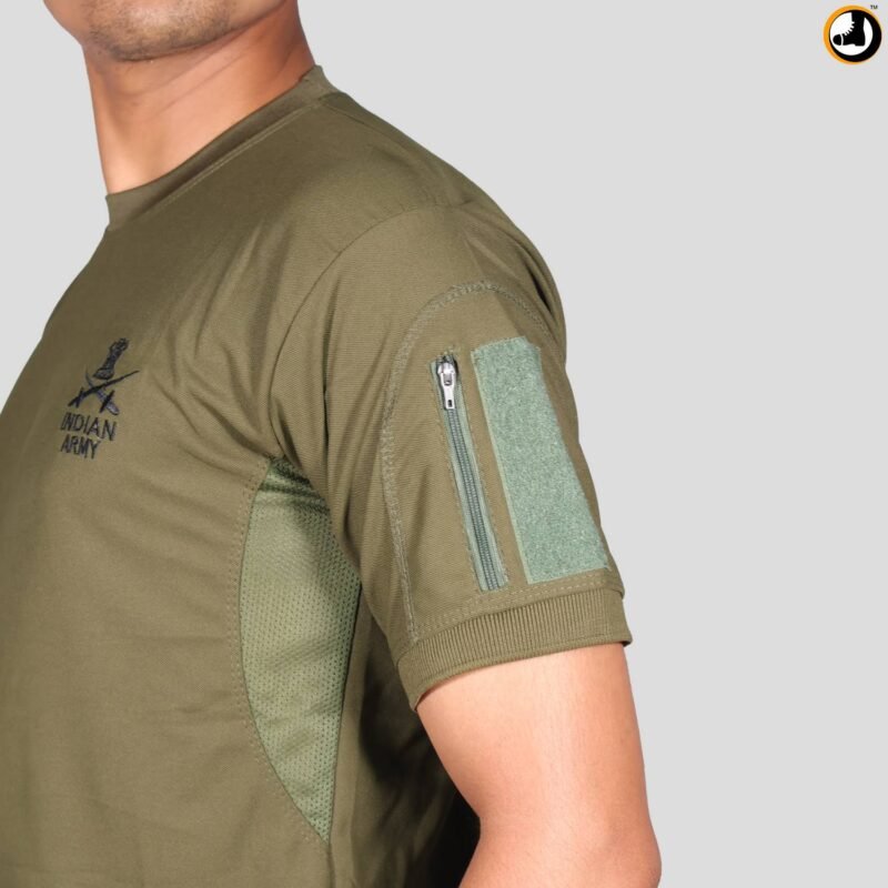 Olive Green T-Shirt with Indian Army Insignia & Velcro Sleeve Patches - Image 6