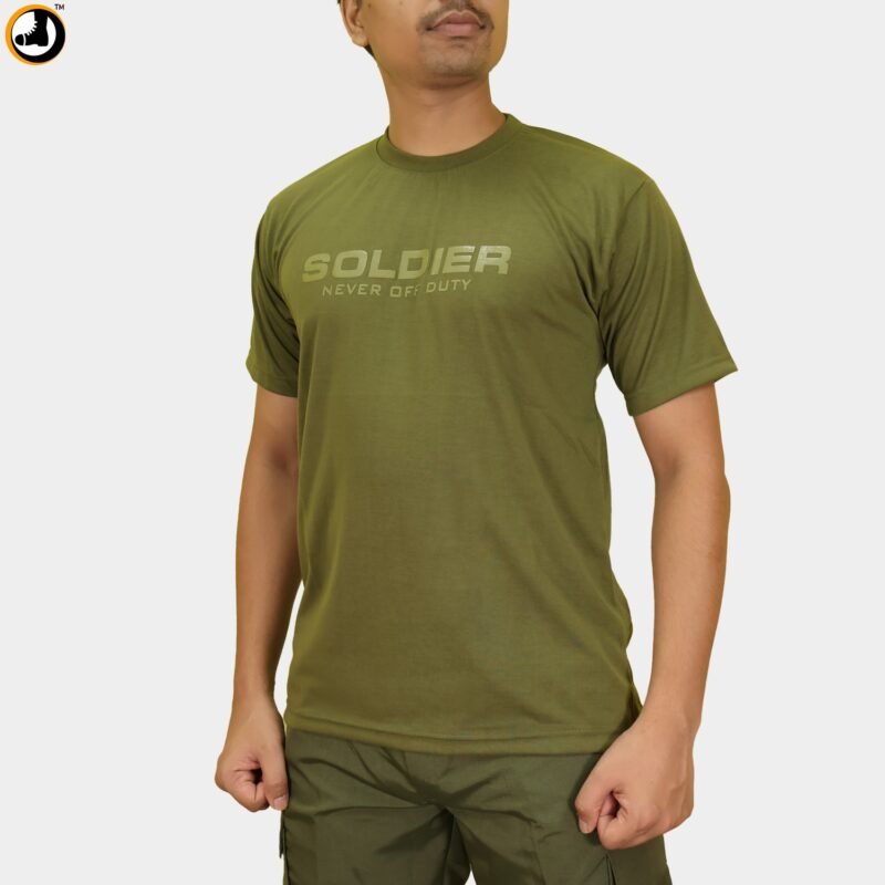Soldier Never Off Duty Printed Olive Green Cotton T-Shirt