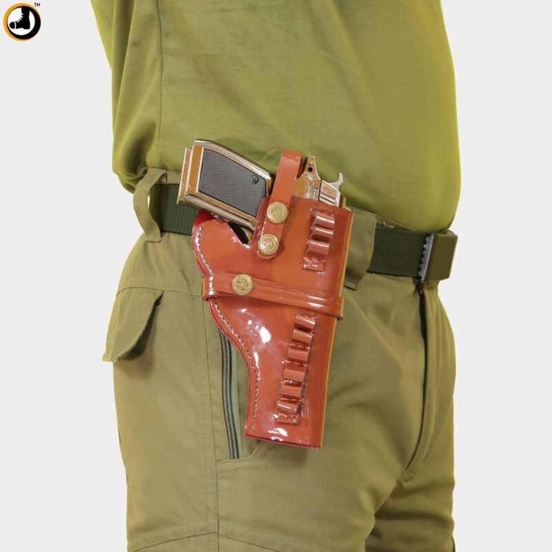 Brown Leather Belt Gun Holster with Cartridge Slots - Image 3