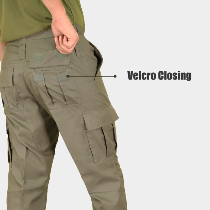 Olive Green Army Tactical Cargo Pants – 6 Pocket Combat Trouser with Elastic Waist & Velcro Closure - Image 3