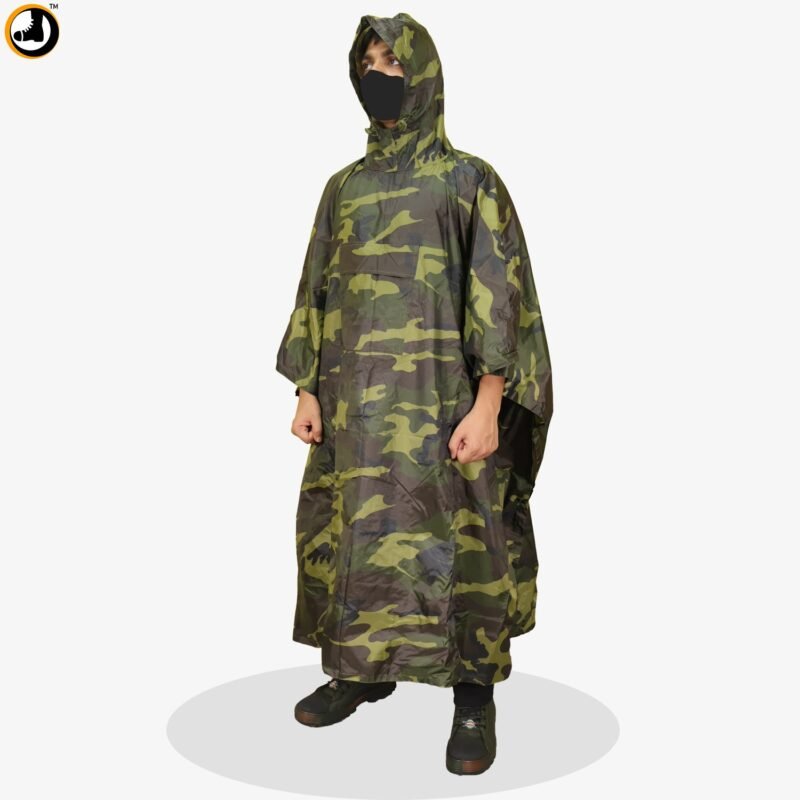 Premium Camouflage Rain Poncho – Waterproof Zipper Pocket & Inner Taping