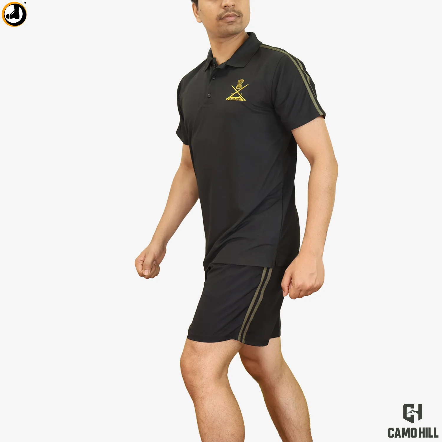 INDIAN ARMY POLO T SHIRT ONLINE ARMY STORE 2 Premium Army Polo T-Shirt & Shorts Set Black | Embroidered Training Combo - Image 1