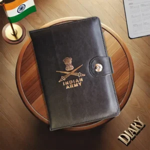 Diary with Indian Army Logo (Black Leather) (Size - 21cm X 15cm)