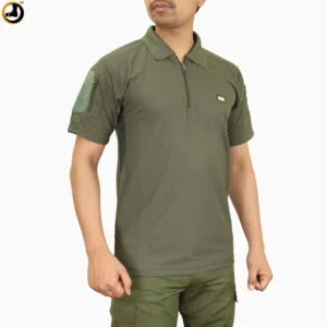 Olive Green Tactical Half Sleeve Polo T-Shirt with Indian Flag & Sleeve Pocket