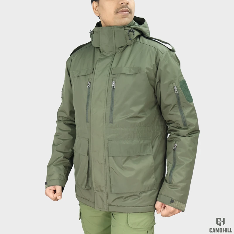 Camo hill -10 Olive Green Jacket 2_online army Store Camo Hill -10°C Tactical Winter Jacket with Detachable Hood – Olive Green - Image 1